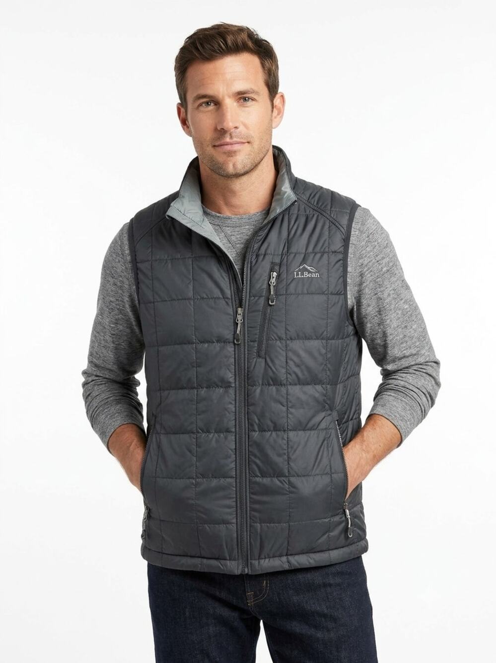 L.L. Bean PrimaLoft Packaway Vest Mens M Black Full Zip Lined Embroidered Logo